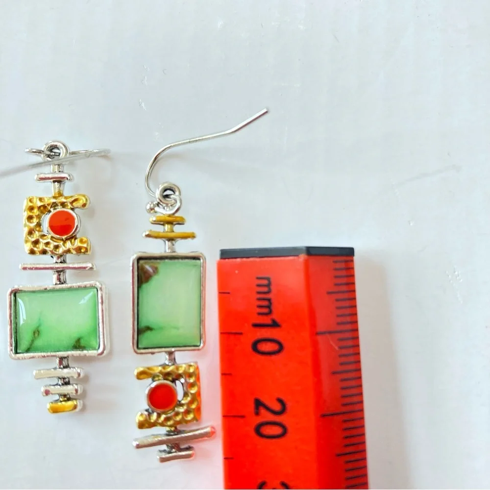 BNWT Green Onyx Marble Effect Geometric Silver Back Earrings - Chic & Versatile - Picture 7 of 10